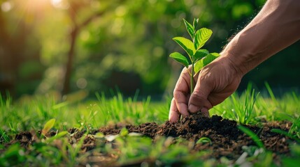 Hands planting a tree sapling in a green field, symbolizing conservation efforts and environmental stewardship