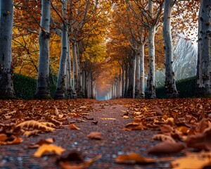 Vibrant Autumn Pathway Lined with Colorful Foliage and Fallen Leaves