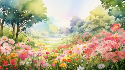 Fototapeta premium A painting of a field of flowers with a tree in the background