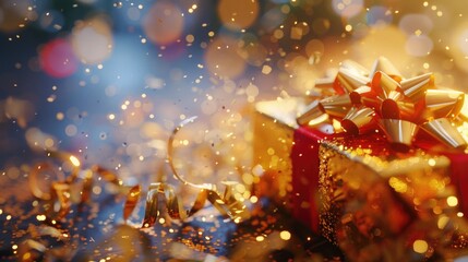 A beautiful gift box wrapped in a gold bow, placed on a table
