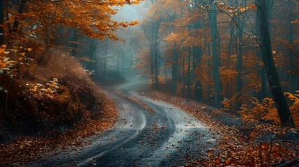 Winding Autumn Forest Road with Vibrant Foliage