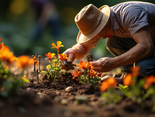 Fototapeta premium Close-up of female gardener's hand trimming the red rose from the plant with secateurs