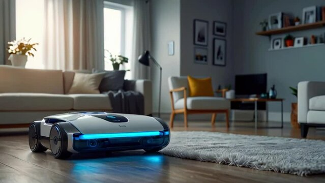 This is a living room with a robot vacuum cleaner on the floor. The vacuum cleaner is round and white with blue lights on the bottom