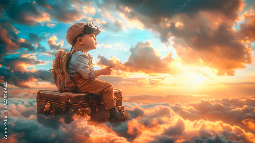 Poster child with aviator goggles sitting on a suitcase above clouds at sunset, embodying adventure and dre