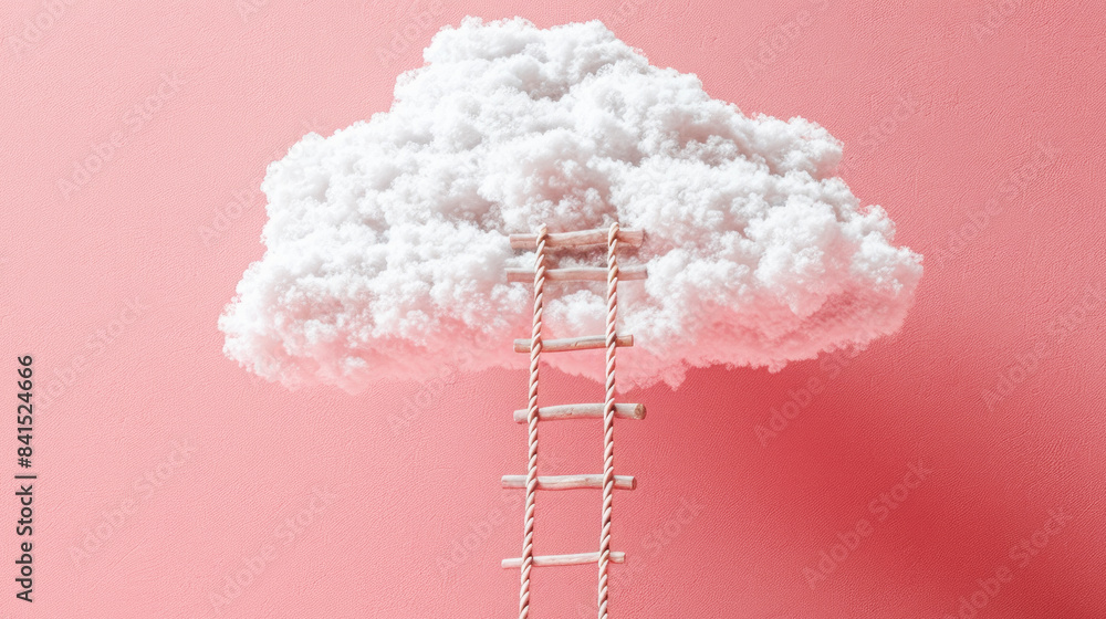 Poster a fluffy white cloud with a rope ladder against a pink background, symbolizing ascent or dreams. gen