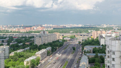 Traffic on the elevated avenue road aerial timelapse overpass on highway in a big city
