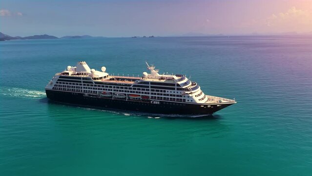 Cruise Liners beautiful white cruise ship above luxury cruise in the ocean sea. Aerial orbit shot of cruising cruise ship