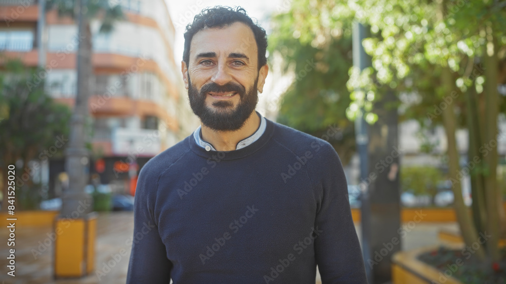 Wall mural Smiling bearded man in casual attire posing confidently on a sunny city street with lush greenery