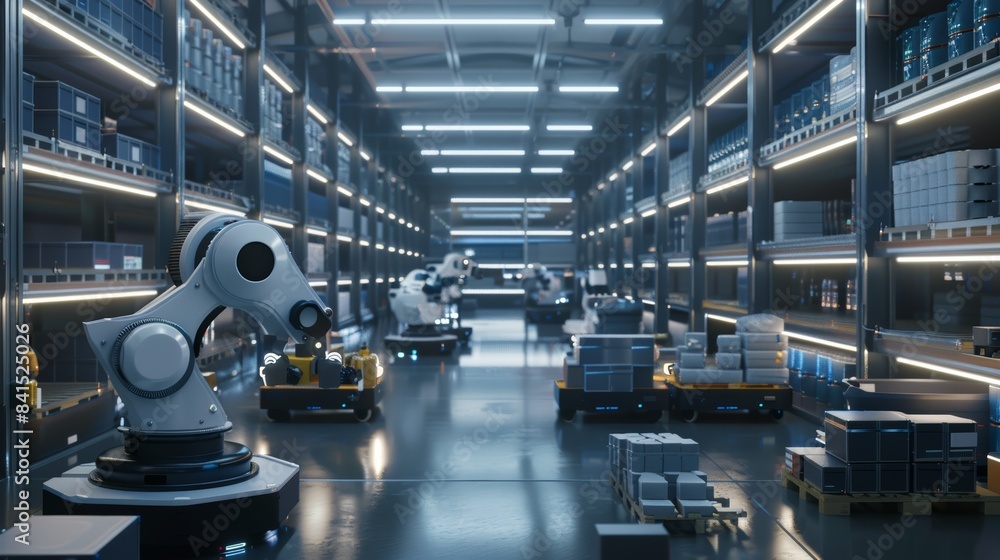 Poster a modern warehouse filled with robotic arms efficiently picking and packing orders for shipment.