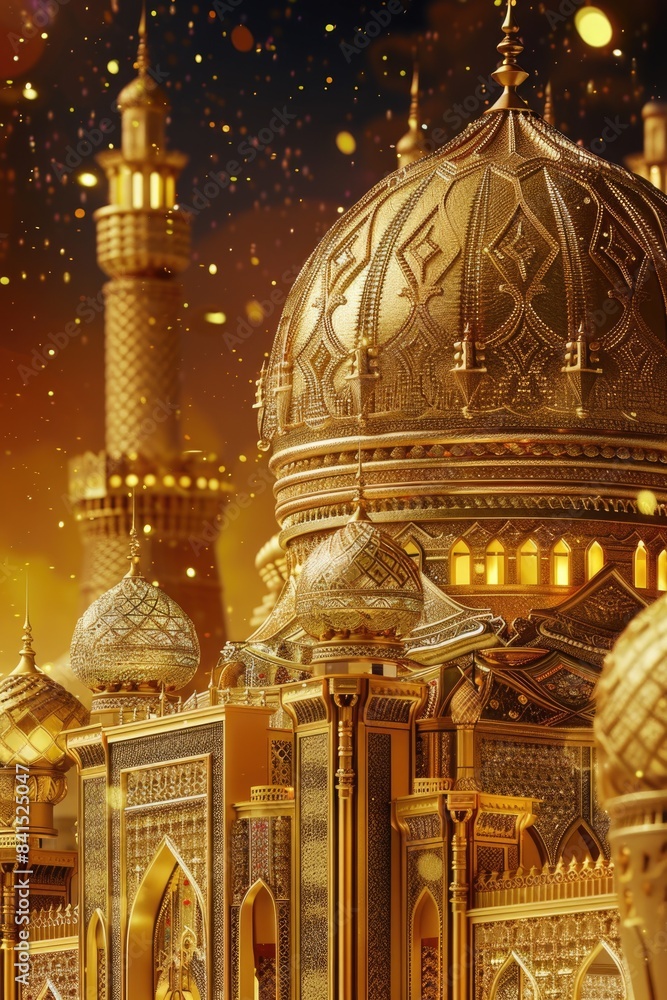 Poster a large golden building with a clock tower, suitable for use in architectural or cityscape scenes