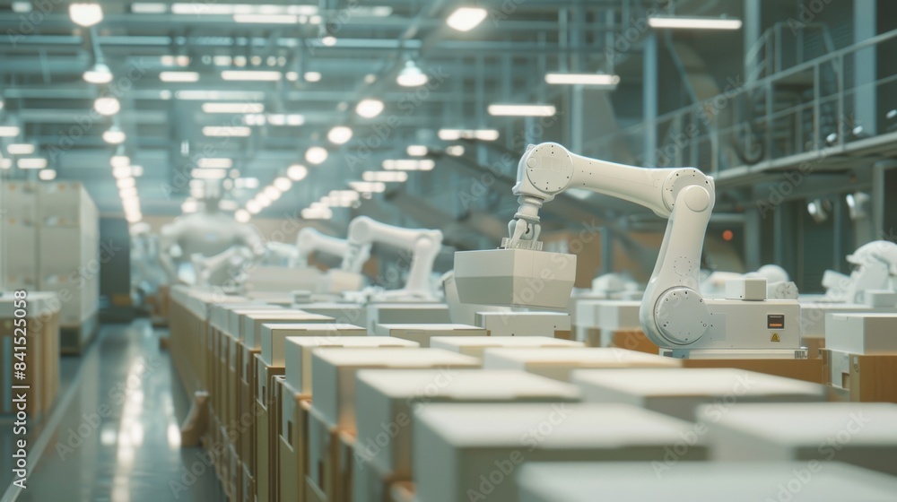 Poster a modern warehouse filled with robotic arms efficiently picking and packing orders for shipment.