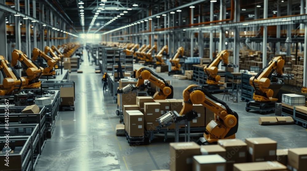 Poster a modern warehouse filled with robotic arms efficiently picking and packing orders for shipment.