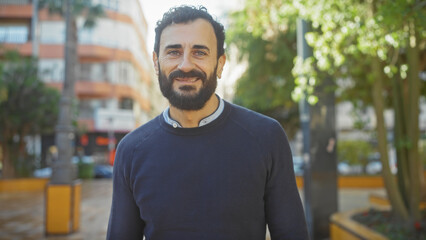 Naklejka premium Smiling bearded man in casual attire posing confidently on a sunny city street with lush greenery