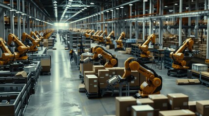 A modern warehouse filled with robotic arms efficiently picking and packing orders for shipment.
