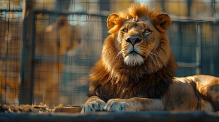 Naklejka premium Lion Resting in Enclosure with Shallow Depth of Field and Room for Text Overlay