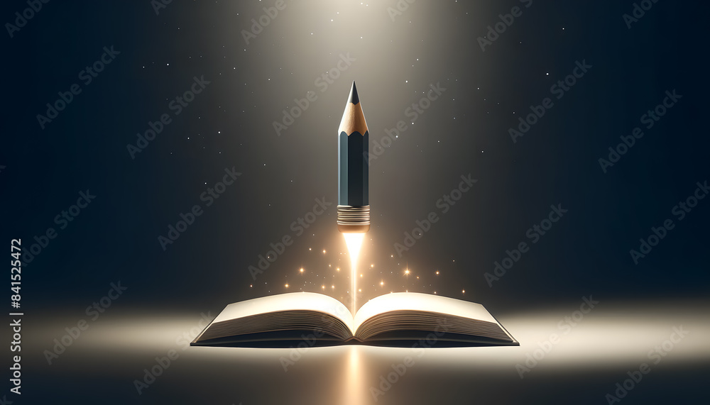 Poster a magical and imaginative scene of a large pencil rocket launching from an open book. the pencil roc