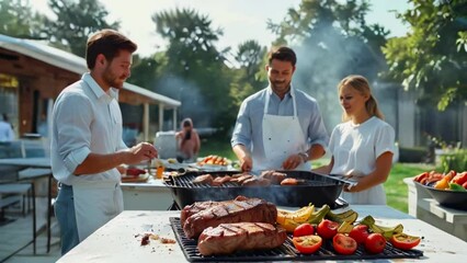 A group of three people are grilling food on a large grill while another person stands nearby and watches.