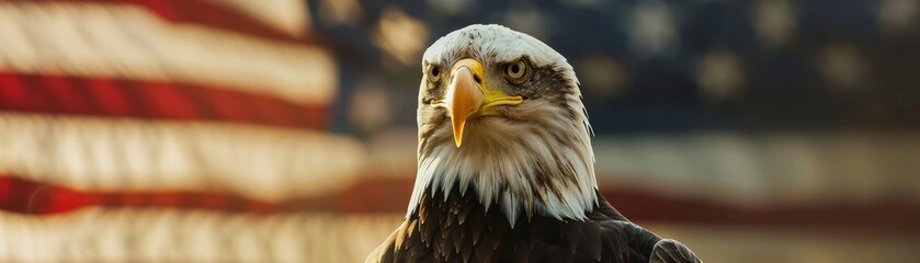 Close-up of a bald eagle with the American flag in the background, empty sky space, Realism, Natural colors, High-resolution, Independence Day