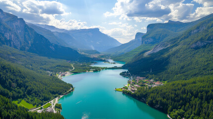 Fototapeta premium Aerial view of Molveno lake surrounded by Italian mountains