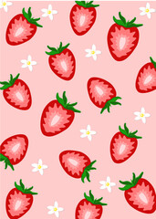 Strawberry and flowers hand drawn seamless pattern. Background design for print, wrapping paper, packaging, fabric, textile, fruit shops. Fruit background.