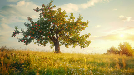 Apple tree in a sunlit meadow with ripe fruit