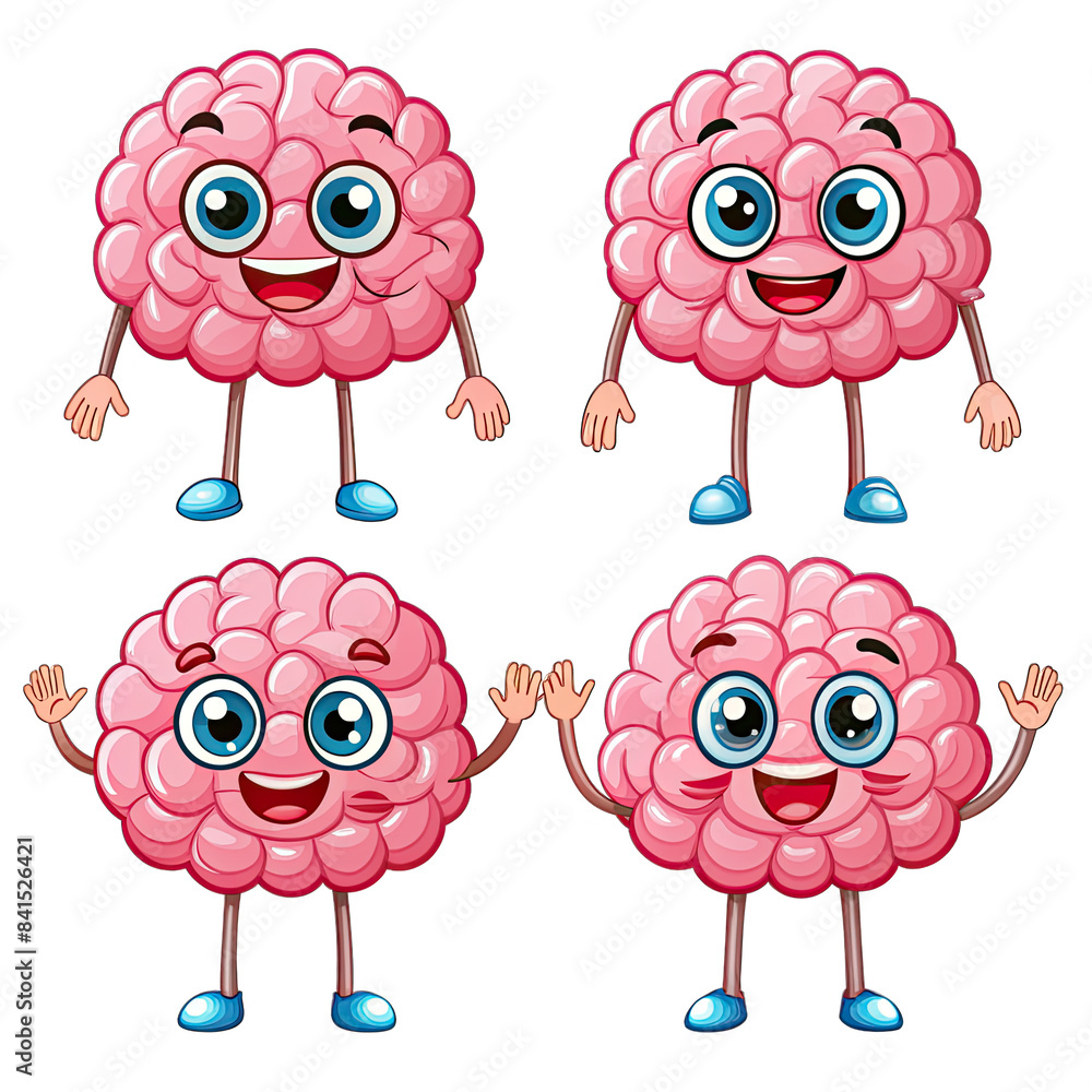 Poster a collection of four cartoon brain characters with different expressions, isolated on a white backgr