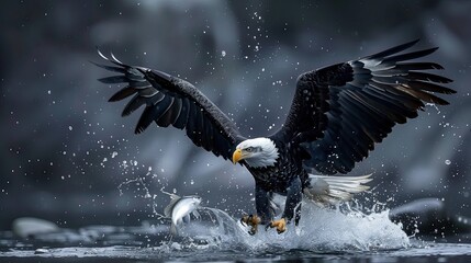 A powerful eagle swoops down and catches a fish in the water with great speed.
