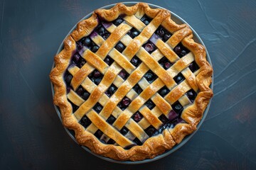 Overhead view of a freshly baked berry pie featuring a golden lattice crust on a dark background