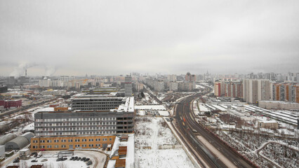 Aerial view of the development of Moscow winter day timelapse