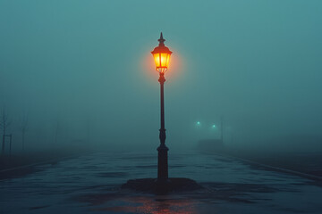 A lone lamp post standing in the middle of a foggy night, casting a dim glow,