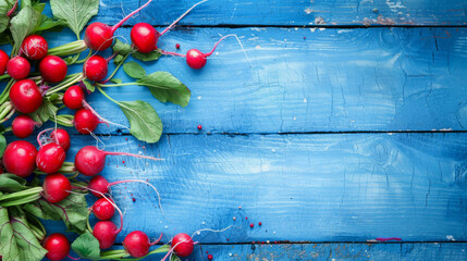 Directly above view of red radishes on blue wooden table - Powered by Adobe