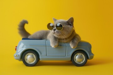 A domestic cat sits on top of a toy car, possibly playing or observing it