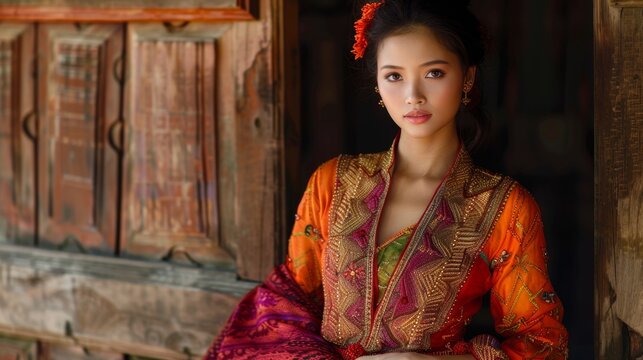 An attractive Burmese woman in a vibrant dress portrait.