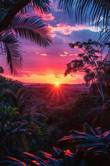 A tropical sunset with brilliant oranges, pinks, and purples,