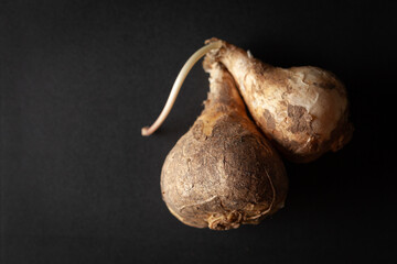 A pile of Dry Organic Wild onion or Indian squill (Drimia indica), isolated on a black background. Top view.