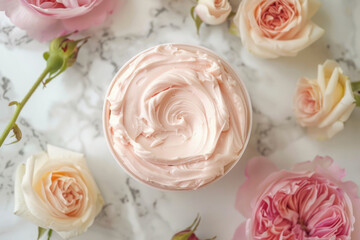 pink whipped cream texture in a jar displayed with fresh light pink roses on a marble background