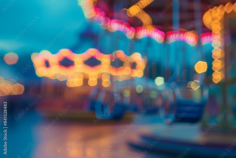 Poster vibrant bokeh effect from carousel lights in a fairground at dusk, creating a dreamy backdrop