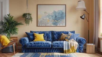 A cozy living room with a blue couch and yellow pillows, perfect for relaxing or entertaining