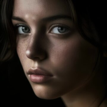 Animaci&oacute;n de rostro de chica con hermosa mirada a contraluz de perfil 