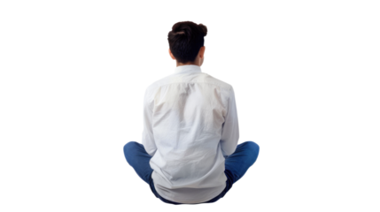 Rear view of a man seated in a cross-legged position, wearing a white shirt and blue jeans, isolated on a transparent background.