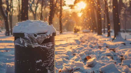A trash can covered in snow in a forested park during the winter