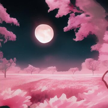 Animaci&oacute;n de paisaje ex&oacute;tico de cerezos llevados por el viento en una noche m&aacute;gica