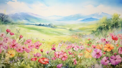 A painting of a field of flowers with mountains in the background