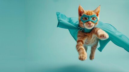 Obraz premium superhero cat with blue cloak and mask, Cute orange tabby kitty flying on pastel background copy space concept stock photo contest winner 