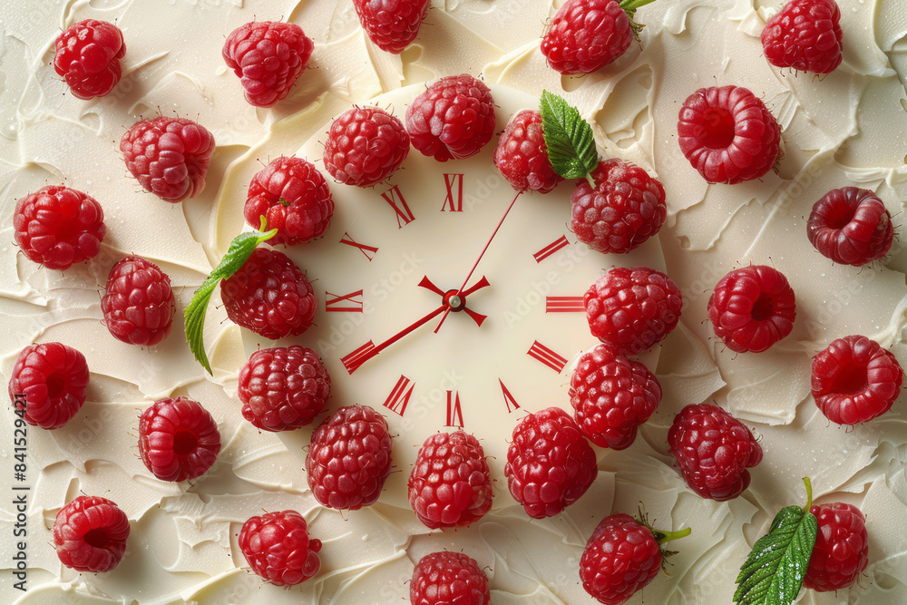 Poster a clock hand in the center with clusters of red raspberries around it on a cream background,