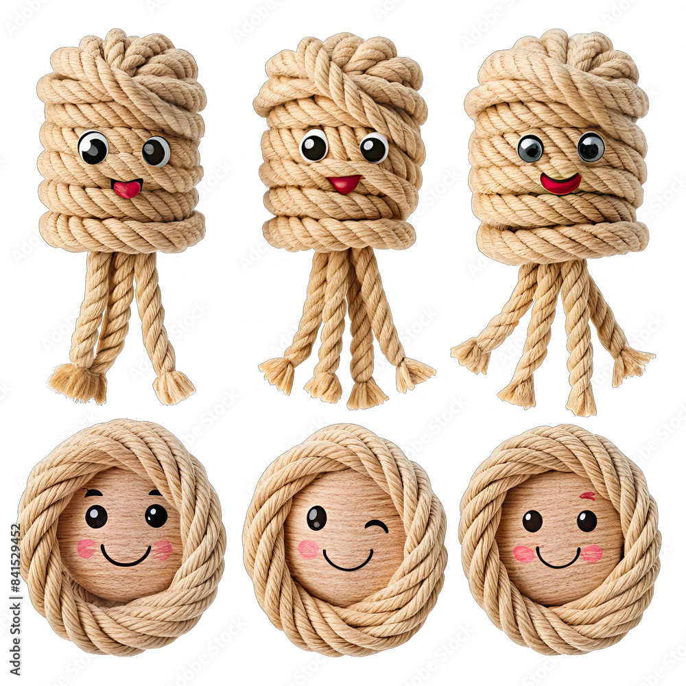 Poster six cartoon faces crafted from rope with different expressions. on transparent background. generativ