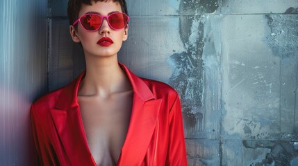 A woman wearing a red jacket and sunglasses, possibly going for a casual outing or enjoying the outdoors