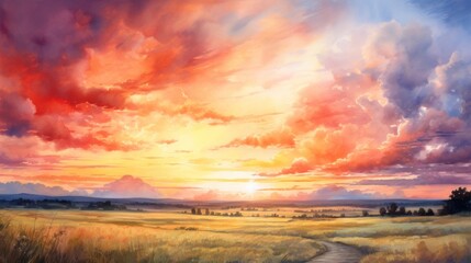 A painting of a sunset with a path leading through a field