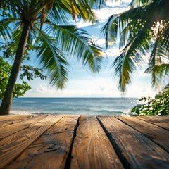 empty wooden table on tropical beach