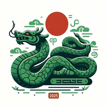 Green wooden snake, symbol of chinese new year with the numbers 2025. Celebrating 2025. 